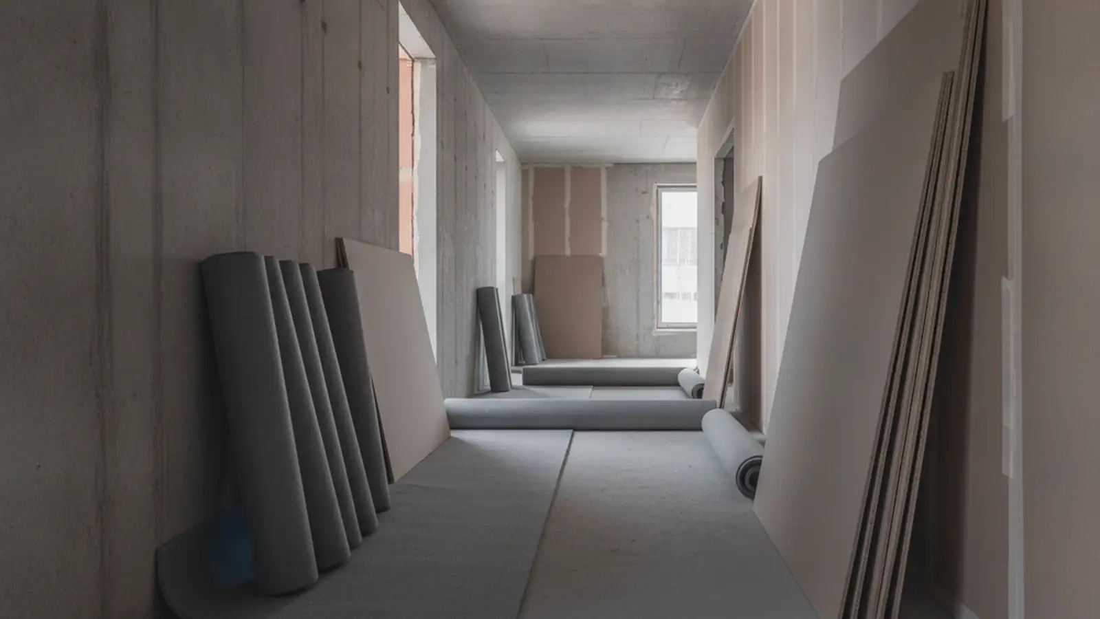 Floor protection and wall board being laid along a bare corridor before work begins.