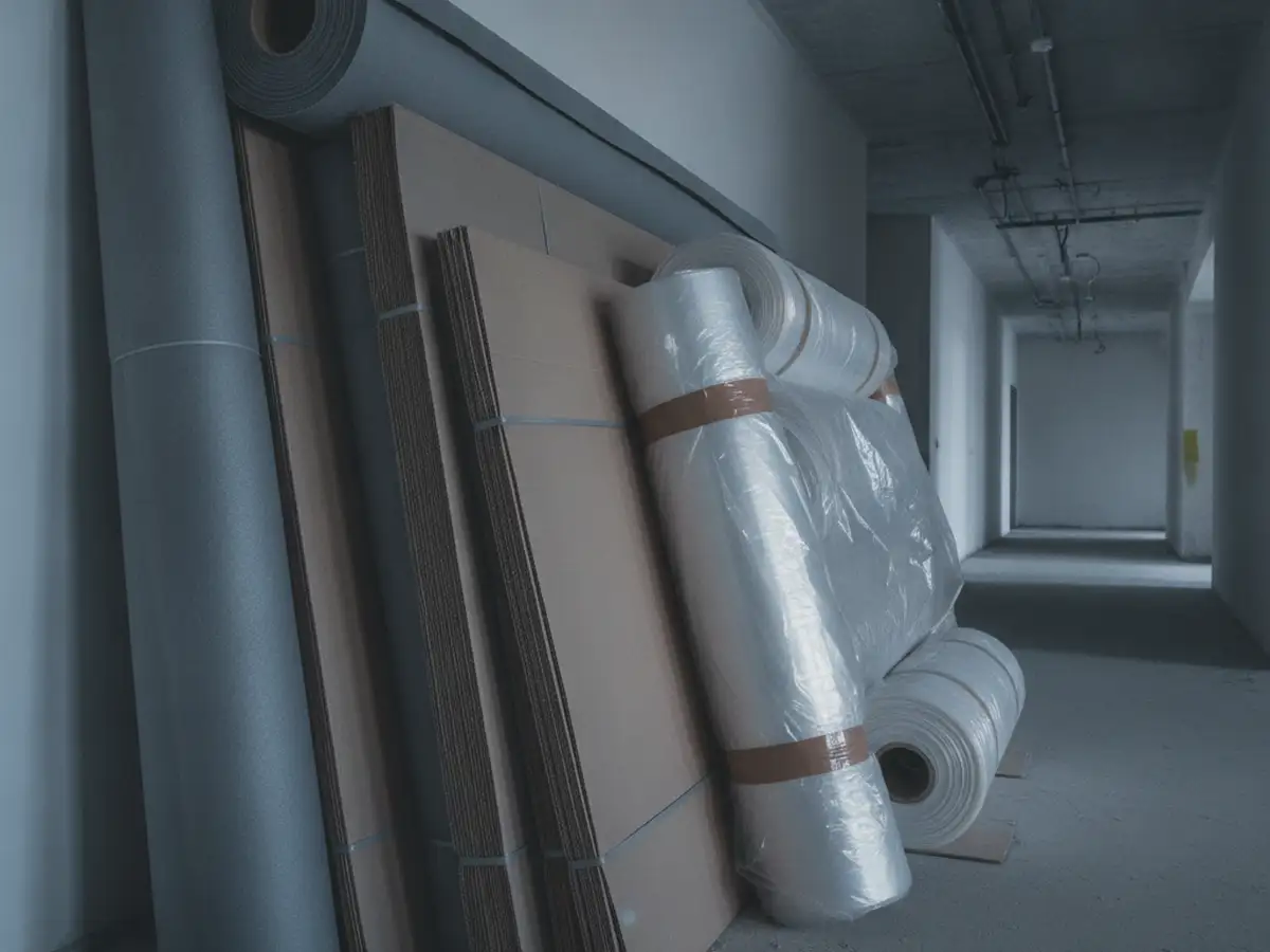 Rolls of floor protection and corrugated board stacked ready in a bare corridor.