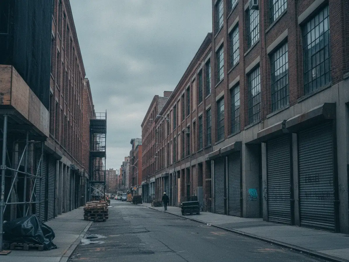 A Manhattan side street of pre-war loft buildings with roll-down loading doors.