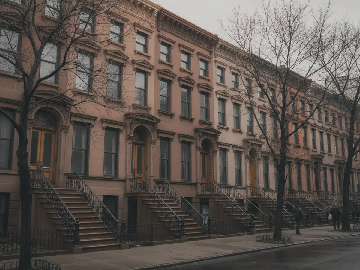 A row of Harlem brownstone stoops and cornices along a residential street.