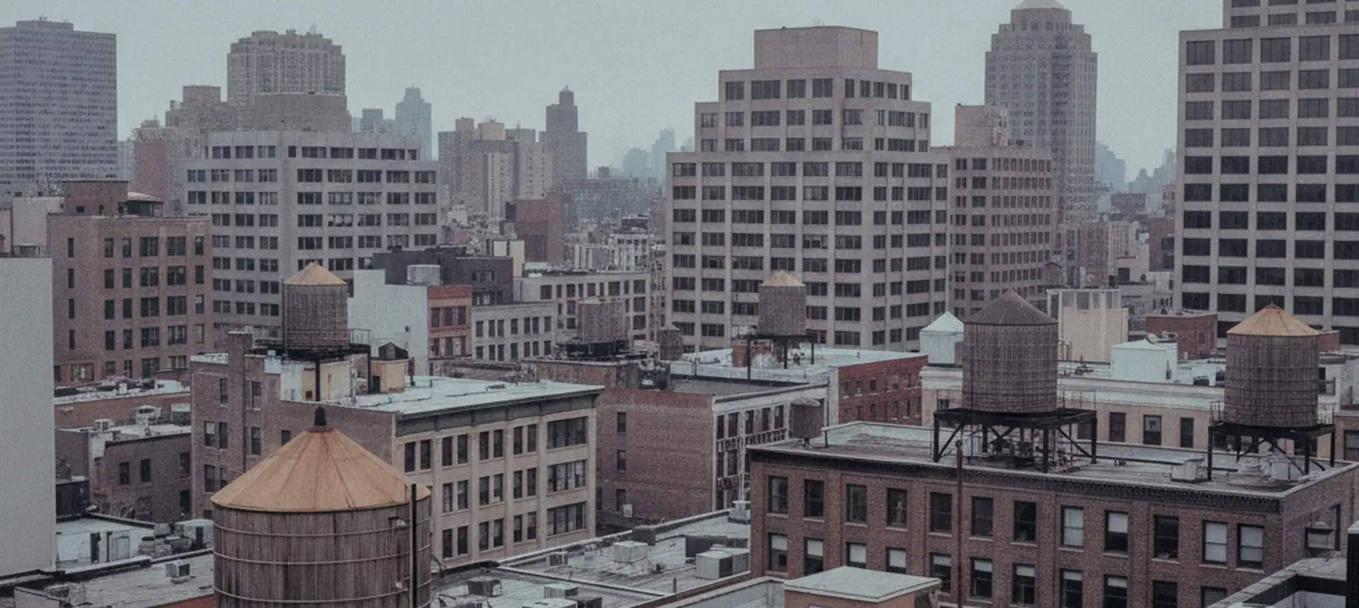 A wide view across Midtown Manhattan rooftops and water towers under overcast light.