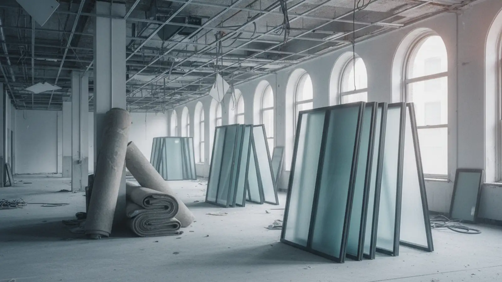 An open office floor mid strip-out, ceiling grid down and partitions removed.