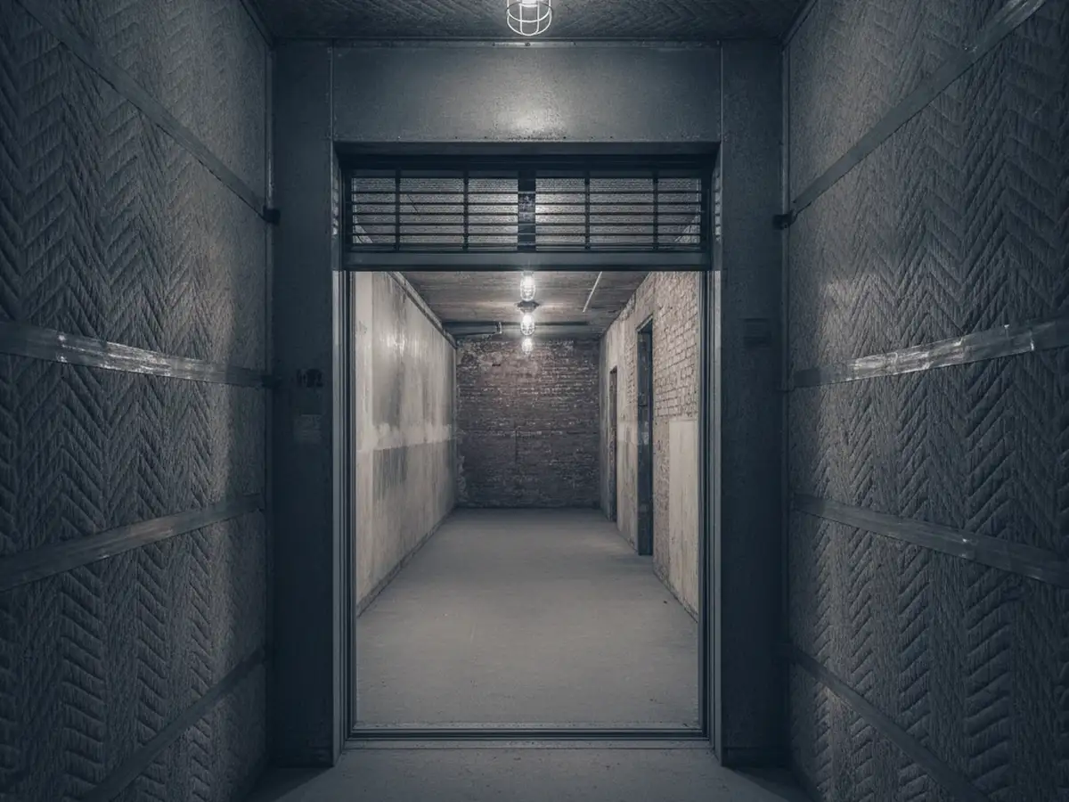 Inside a freight elevator with quilted protection blankets hung on the walls.