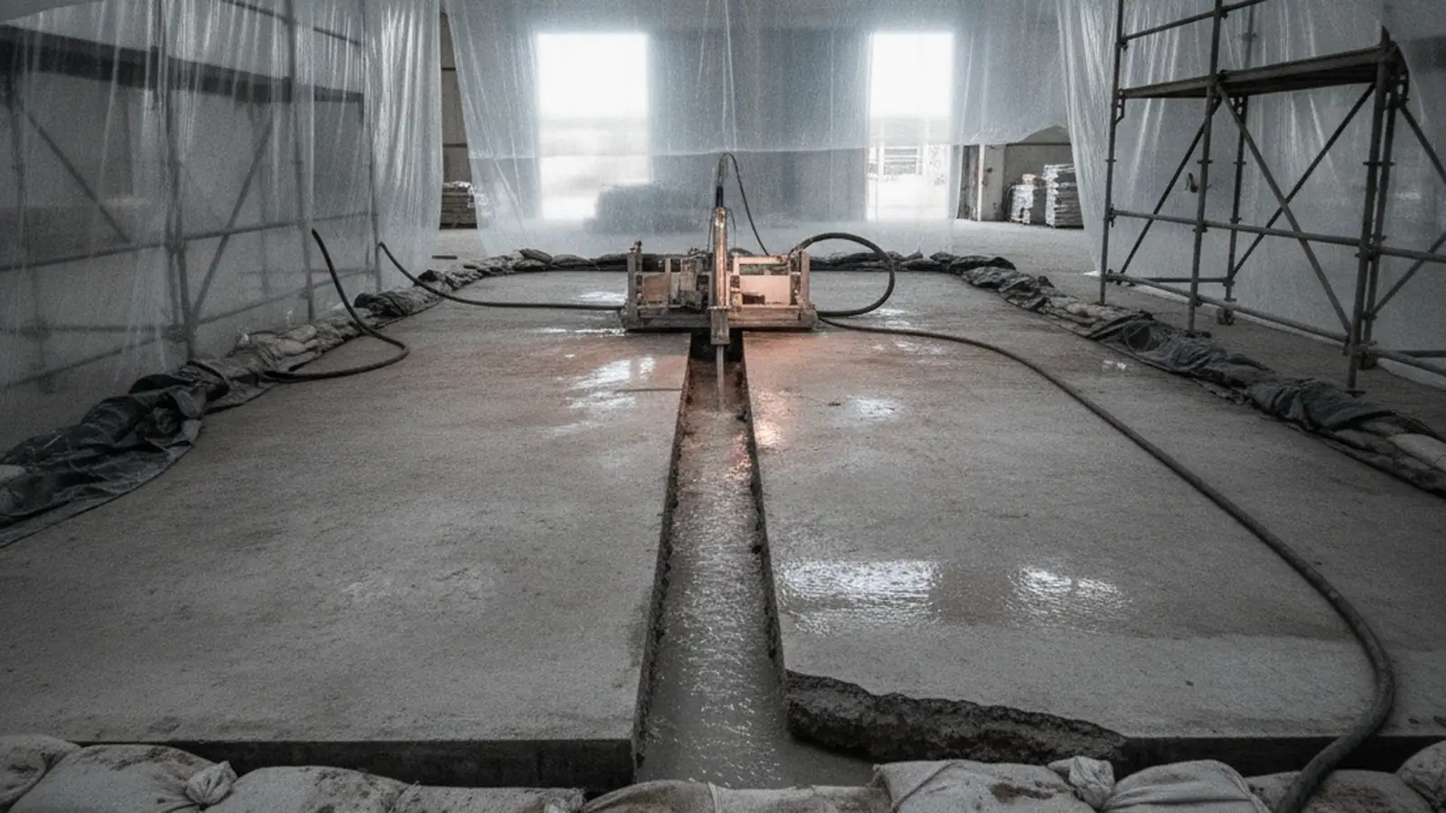A concrete floor slab being cut in a straight line indoors, sheeting around the area.