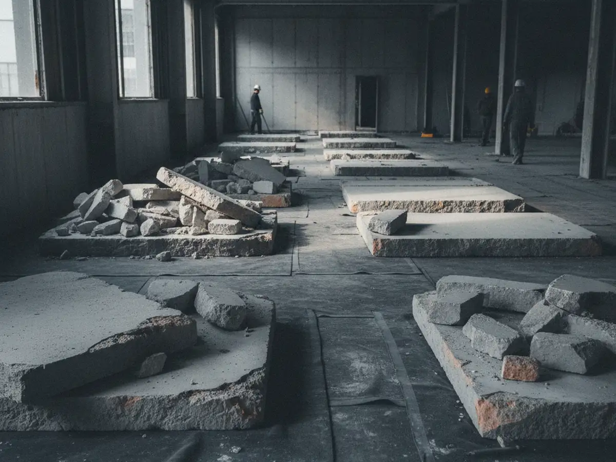 Cut sections of concrete slab staged on a protected floor ready to be carried out.