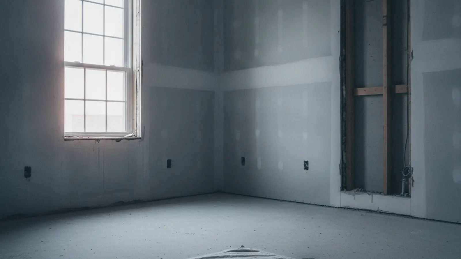 A bare stripped interior beside a tall window with hand tools set down on a drop sheet.