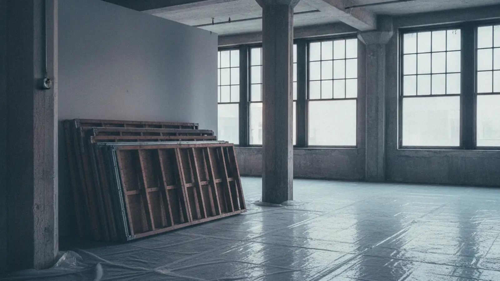 A loft interior stripped to bare floor and columns, removed framing stacked to one side.