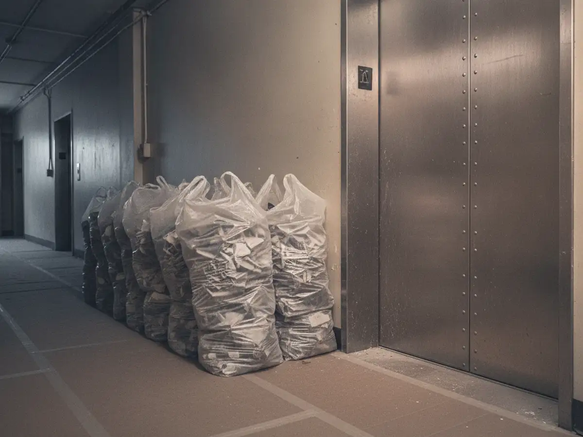Bagged demolition debris staged on floor protection beside a freight elevator door.
