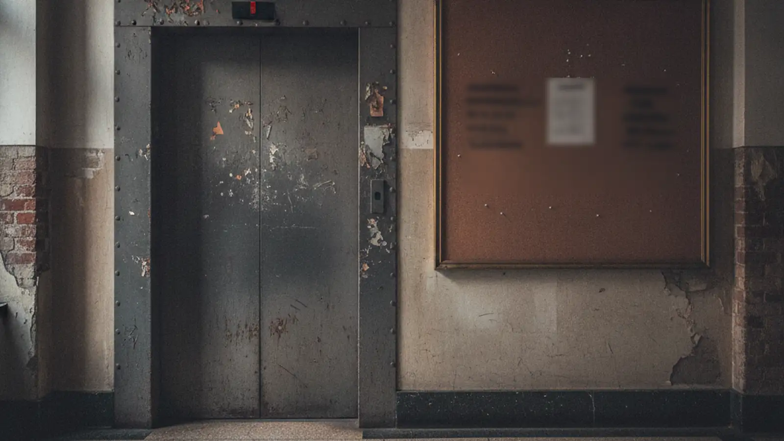 The lobby landing outside a freight elevator in a pre-war loft building.
