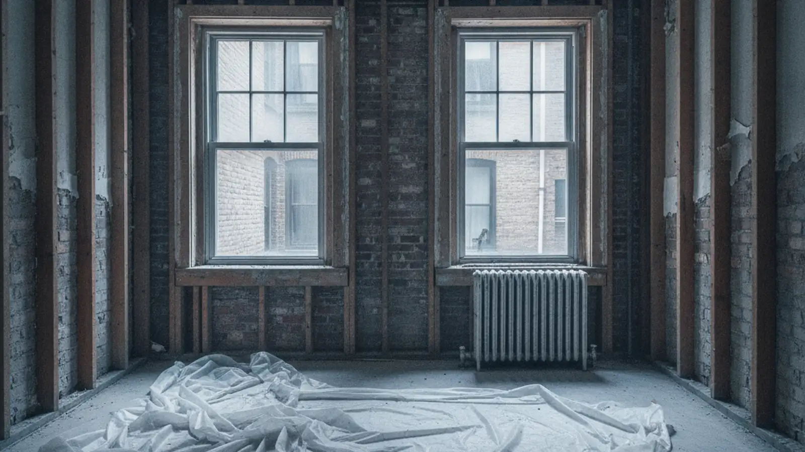 A pre-war apartment taken back to the studs, original window frames still in place.