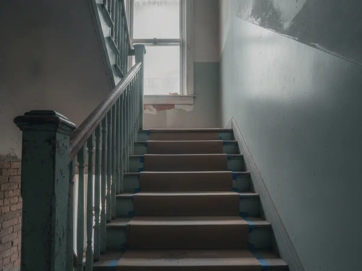 A narrow walk-up stairwell with protective covering taped over the treads.